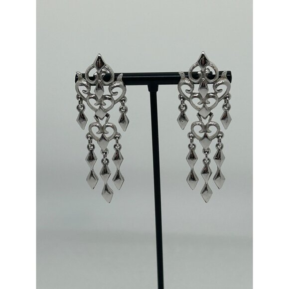 Monet Silver-Tone Chandelier Dangle Earrings With Ornate Design & Cascading Char - Picture 3 of 16